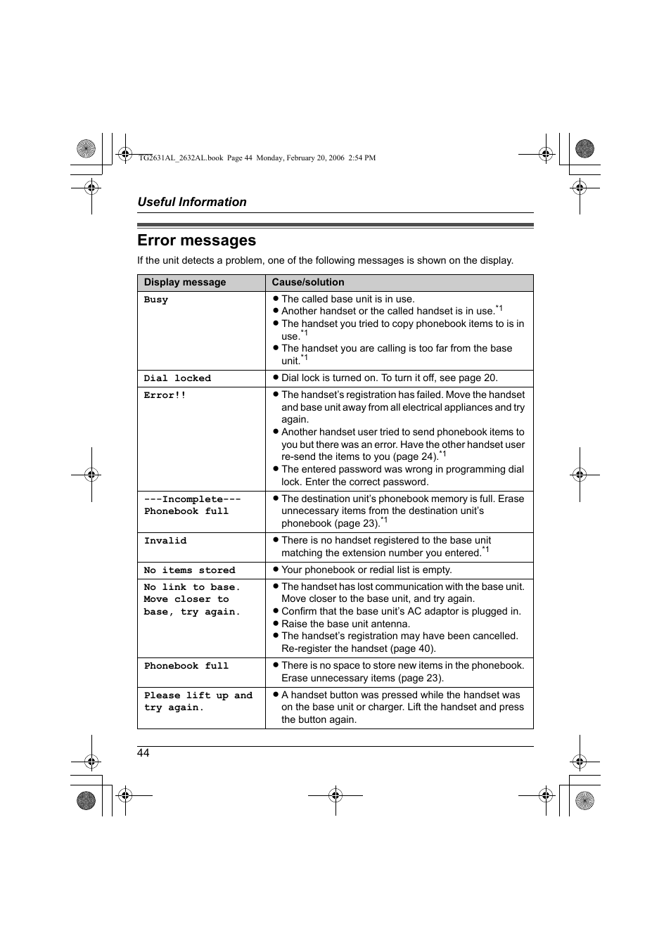 Error messages | Panasonic KX-TG2631AL User Manual | Page 44 / 56