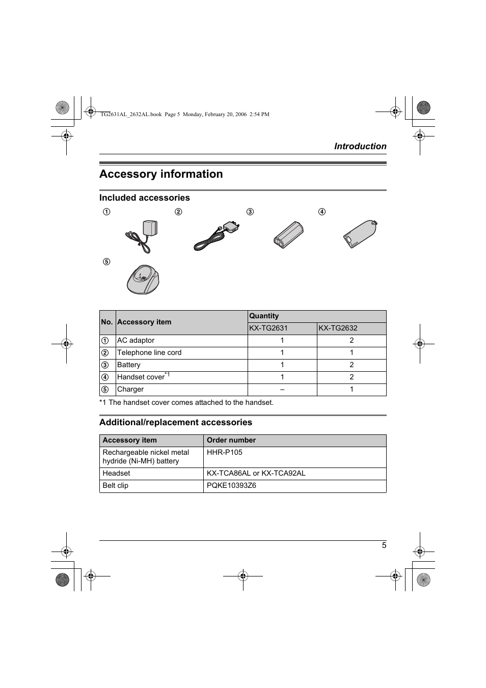 Accessory information | Panasonic KX-TG2631AL User Manual | Page 5 / 56
