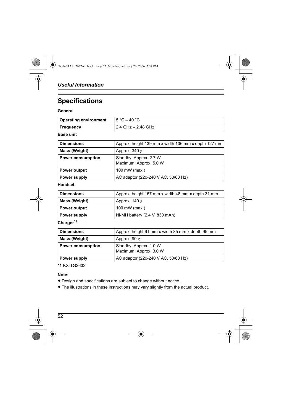 Specifications | Panasonic KX-TG2631AL User Manual | Page 52 / 56