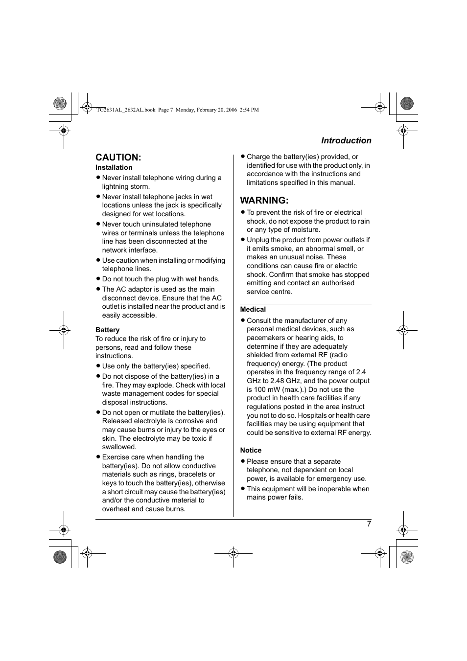 Caution, Warning | Panasonic KX-TG2631AL User Manual | Page 7 / 56