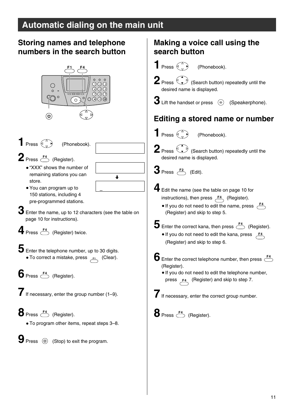 Automatic dialing on the main unit, Editing a stored name or number | Panasonic KX-PW301DL User Manual | Page 11 / 32