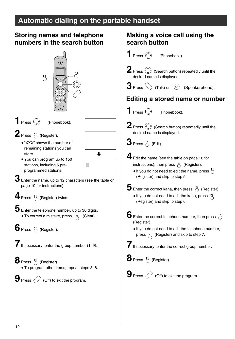 Automatic dialing on the portable handset, Editing a stored name or number | Panasonic KX-PW301DL User Manual | Page 12 / 32