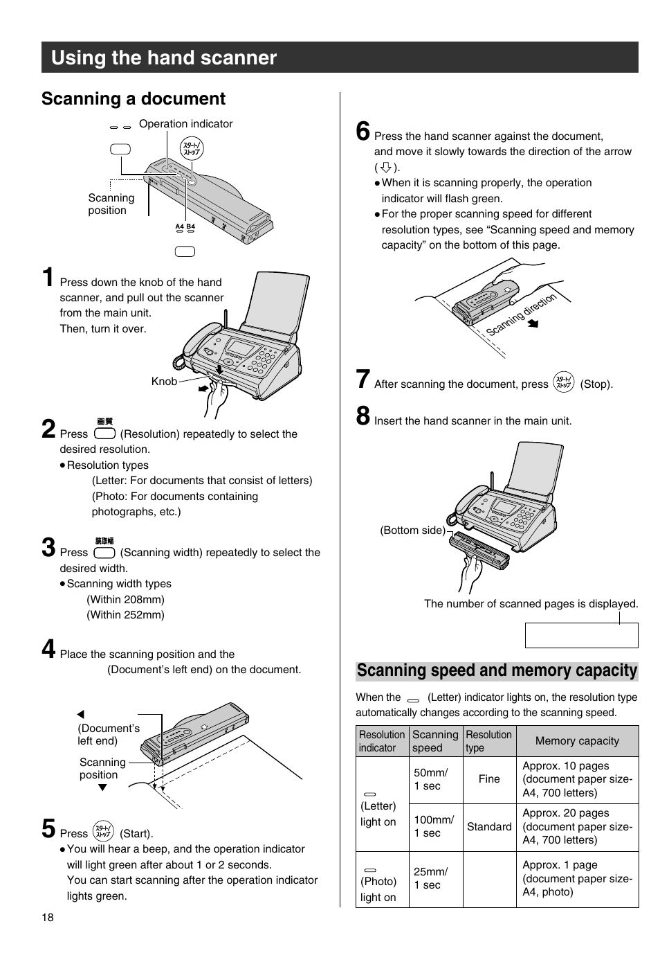 Using the hand scanner, Scanning a document | Panasonic KX-PW301DL User Manual | Page 18 / 32