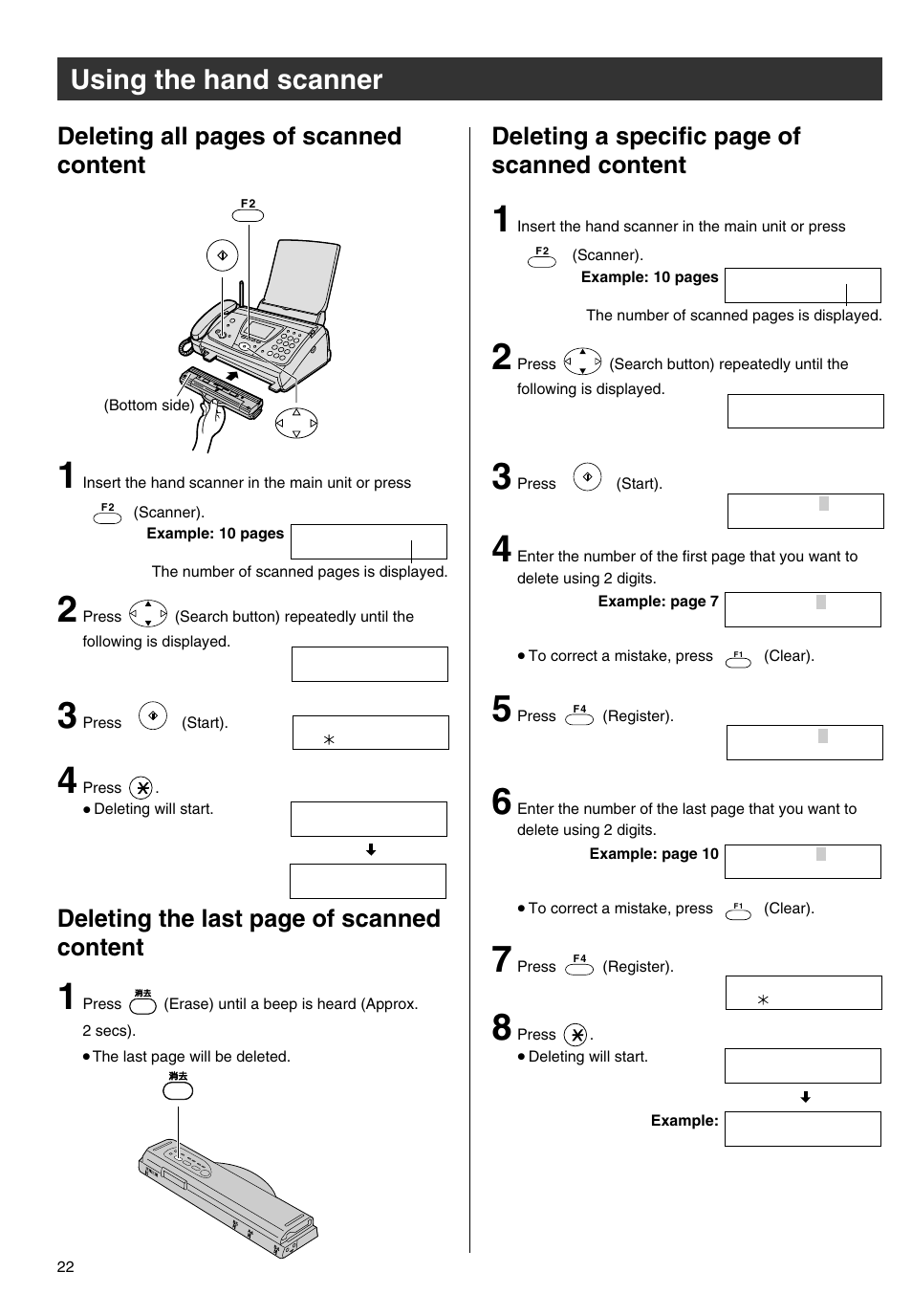 Using the hand scanner, Deleting the last page of scanned content | Panasonic KX-PW301DL User Manual | Page 22 / 32