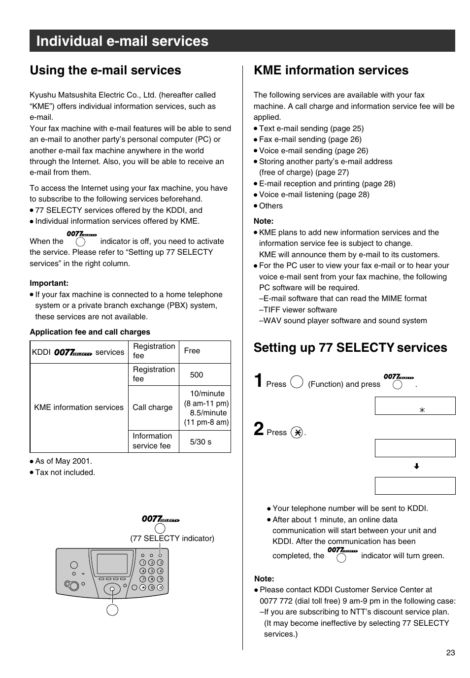 Individual e-mail services, Using the e-mail services, Setting up 77 selecty services | Kme information services | Panasonic KX-PW301DL User Manual | Page 23 / 32