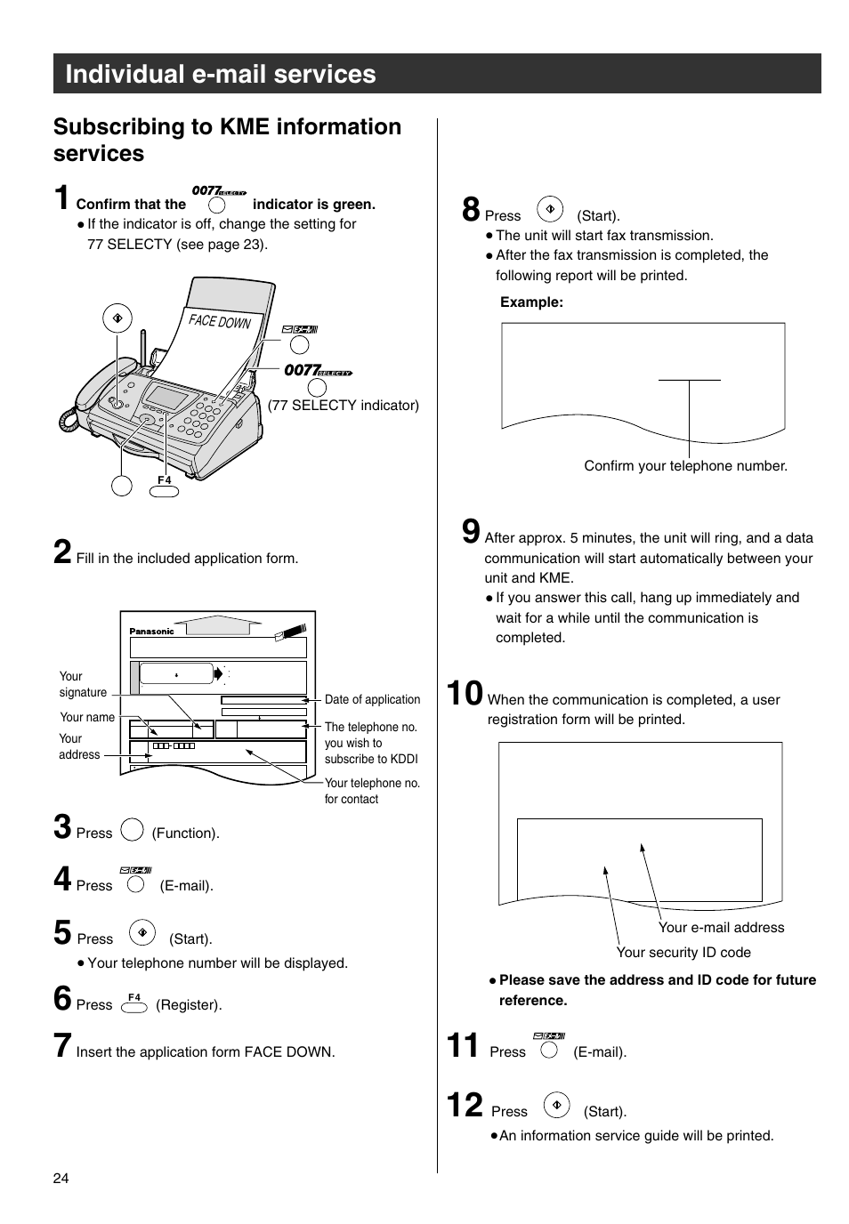 Individual e-mail services, Subscribing to kme information services | Panasonic KX-PW301DL User Manual | Page 24 / 32