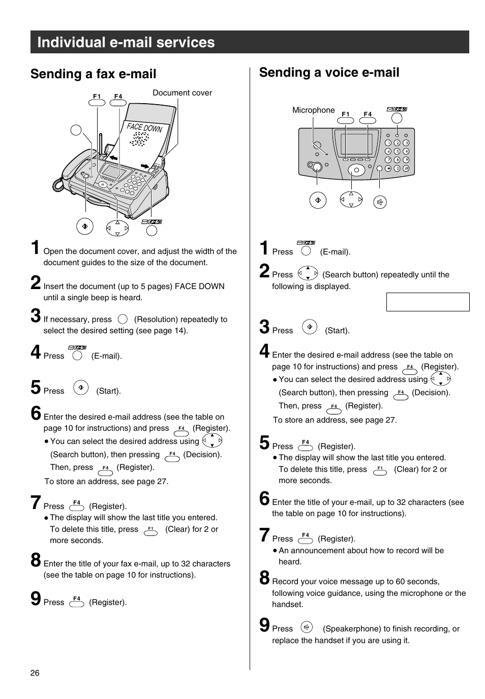 Individual e-mail services, Sending a voice e-mail, Sending a fax e-mail | Panasonic KX-PW301DL User Manual | Page 26 / 32