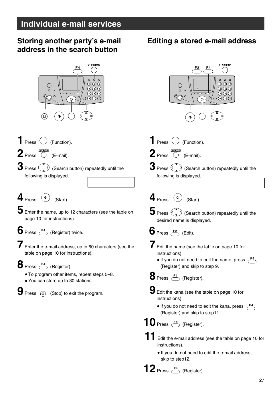 Individual e-mail services, Editing a stored e-mail address | Panasonic KX-PW301DL User Manual | Page 27 / 32