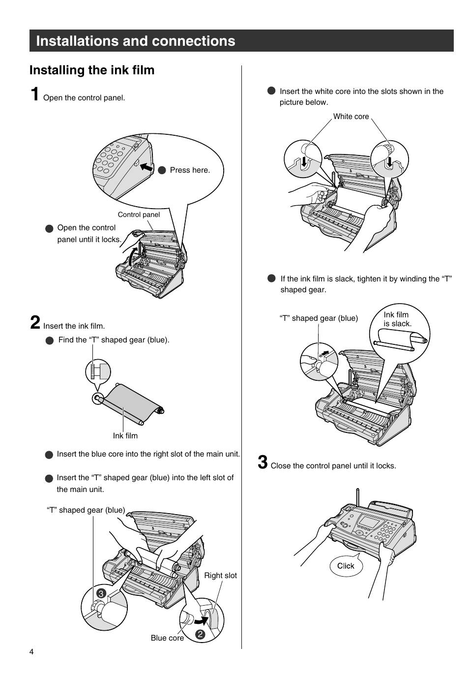 Installations and connections, Installing the ink film | Panasonic KX-PW301DL User Manual | Page 4 / 32