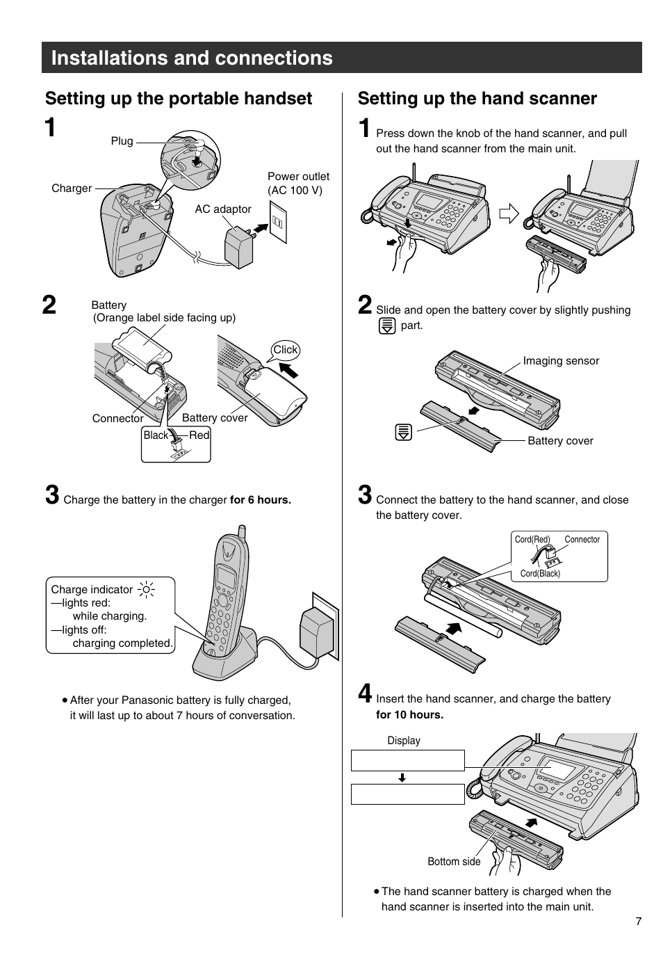 Installations and connections, Setting up the portable handset, Setting up the hand scanner | Panasonic KX-PW301DL User Manual | Page 7 / 32