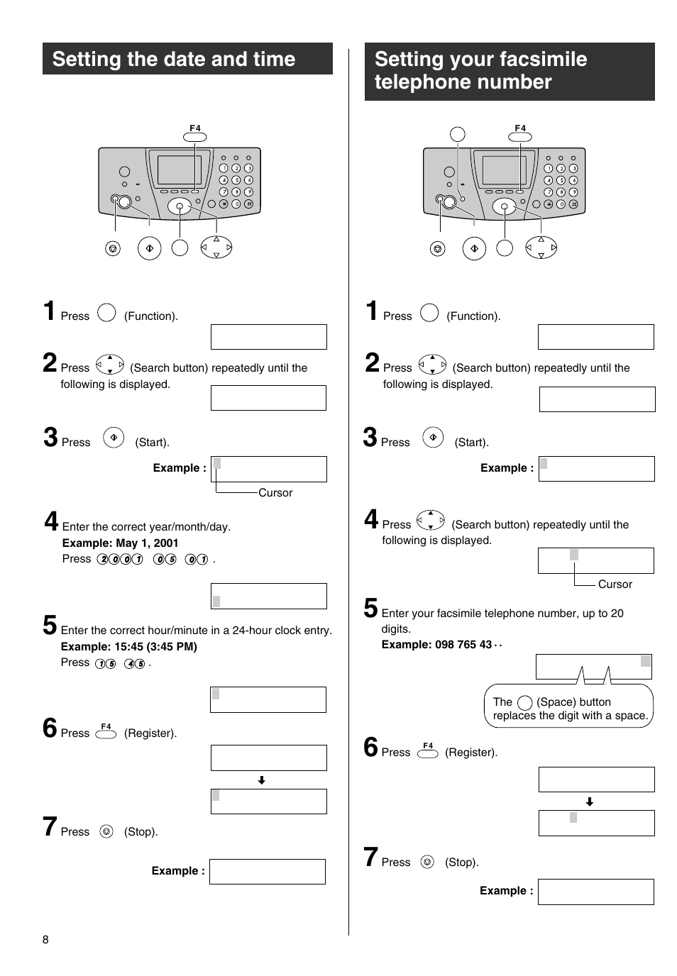 Setting the date and time, Setting your facsimile telephone number | Panasonic KX-PW301DL User Manual | Page 8 / 32