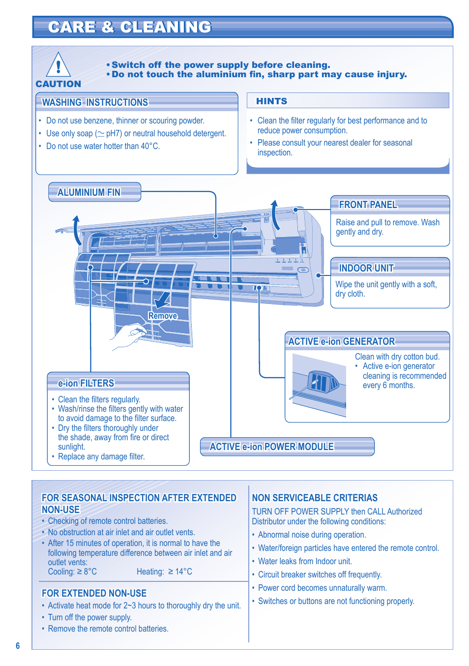 Care & cleaning | Panasonic CU-E21GKR User Manual | Page 6 / 8