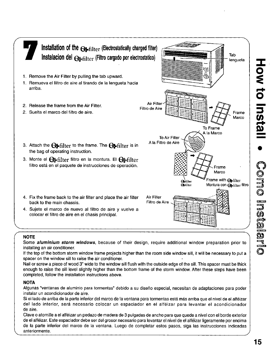 Installation of the, Instalación dei, S^futer (electrostatically charged filter) | I>fíiter (filtro cargado por electrostático) | Panasonic CW-C101MU User Manual | Page 15 / 24