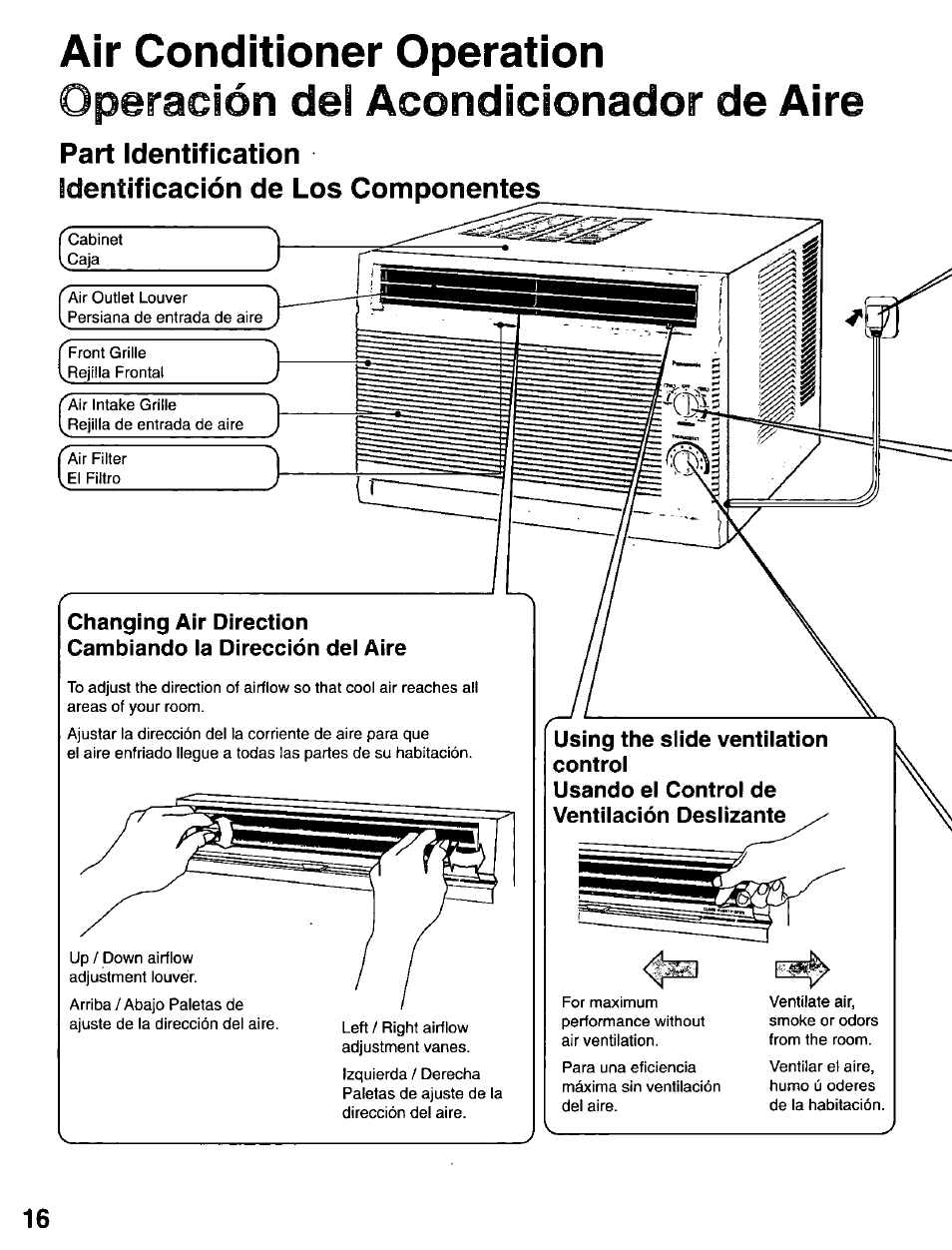 Air conditioner operation, Air conditioner operation -17, De aire | Operación, Acondicionador | Panasonic CW-C101MU User Manual | Page 16 / 24