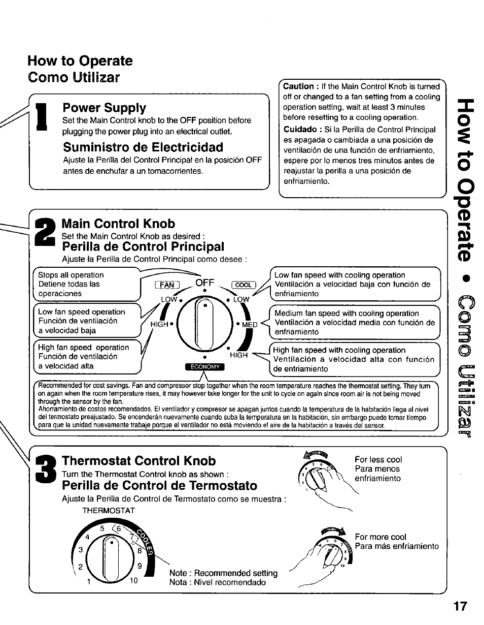 How to operate, Como utilizar, How to operate como utilizar power supply | Suministro de electricidad, Main control knob, Perilla de control principal, Thermostat control knob, Perilla de control de termostato | Panasonic CW-C101MU User Manual | Page 17 / 24