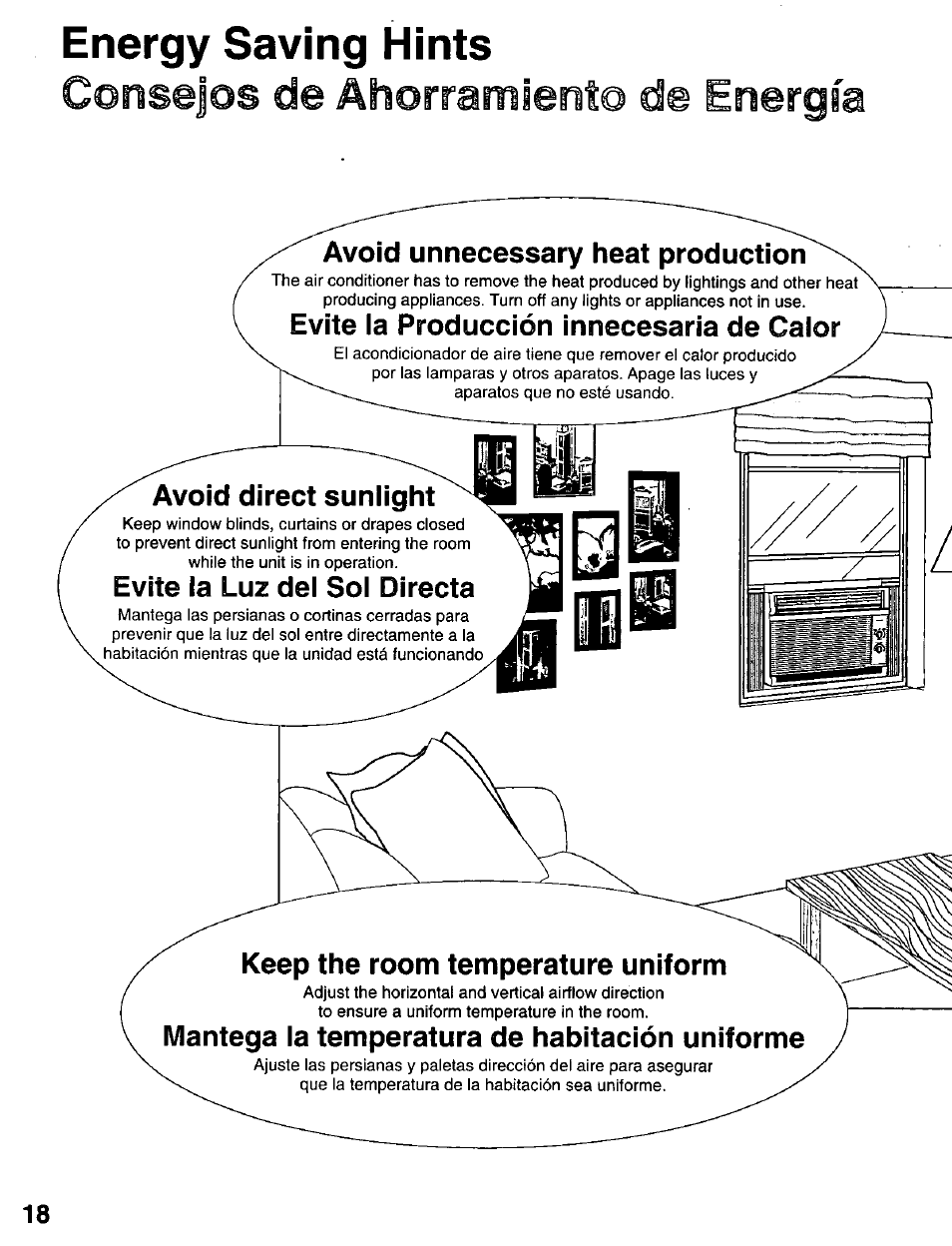 Energy saving hints, Avoid unnecessary heat production, Evite ia producción innecesaria de calor | Avoid direct sunlight, Evite la luz del sol directa, Keep the room temperature uniform, Mantega la temperatura de habitación uniforme, Energy saving hints -19 | Panasonic CW-C101MU User Manual | Page 18 / 24