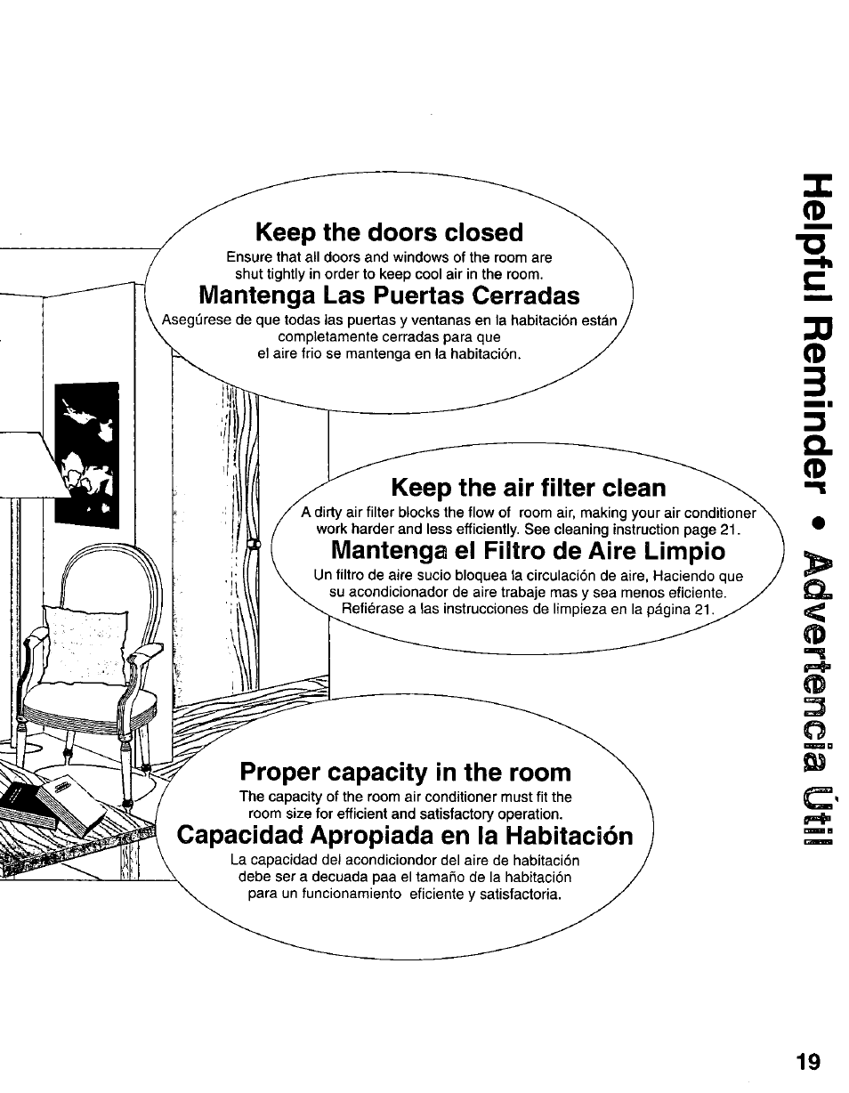 Keep the doors closed, Mantenga las puertas cerradas, Proper capacity in the room | Capacidad apropiada en la habitación, Keep the air filter clean, Mantenga el filtro de aire limpio | Panasonic CW-C101MU User Manual | Page 19 / 24