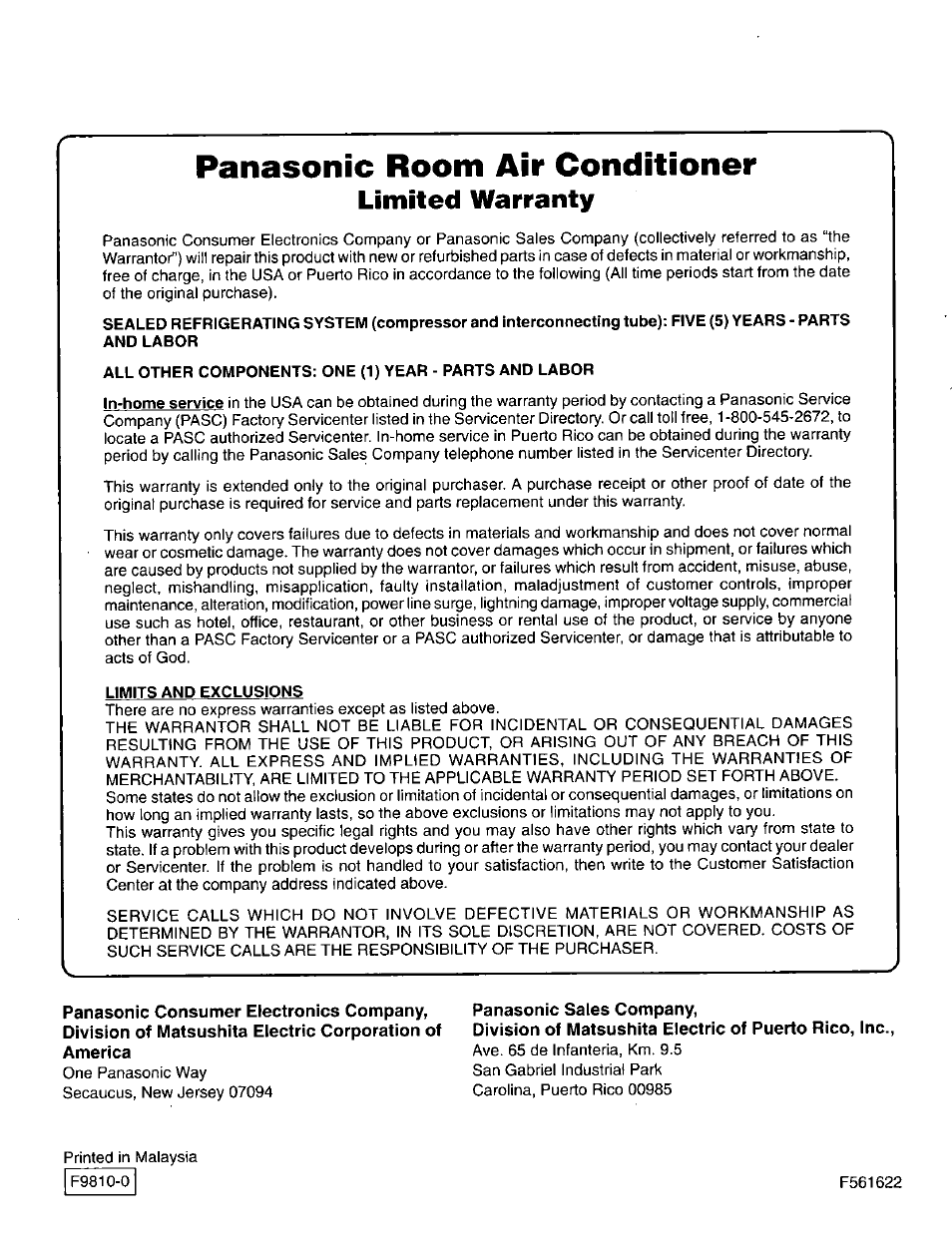 Panasonic room air conditioner, Limited warranty | Panasonic CW-C101MU User Manual | Page 24 / 24