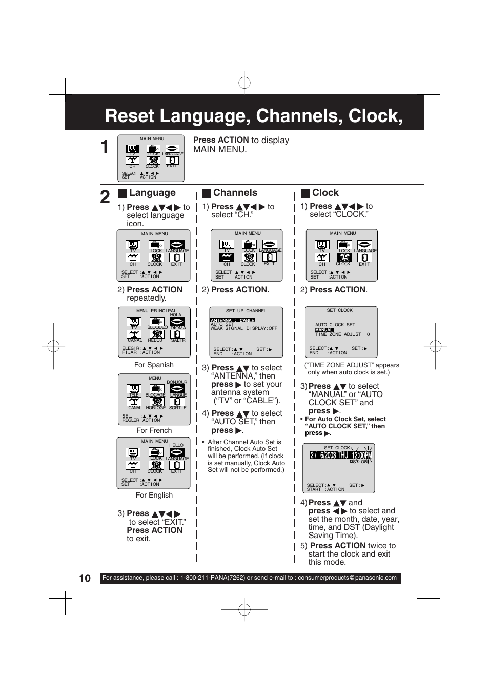 Basic operation, Reset language, channels, clock, time zone adjust, Reset language, channels, clock | Language, Channels clock, Press action, 2) press action, 1) press to select “clock | Panasonic PV C1343 User Manual | Page 10 / 40
