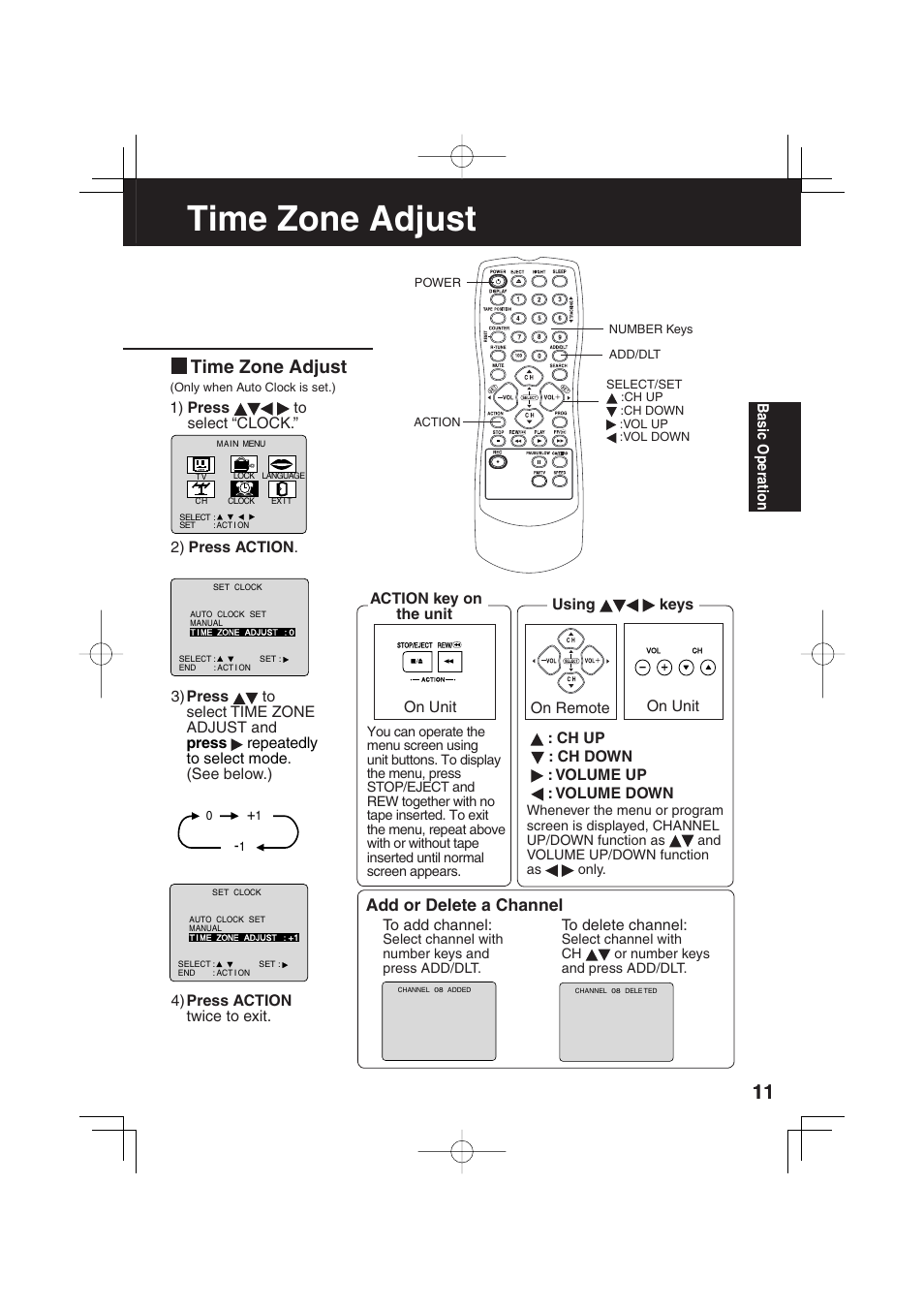 Time zone adjust, Add or delete a channel | Panasonic PV C1343 User Manual | Page 11 / 40