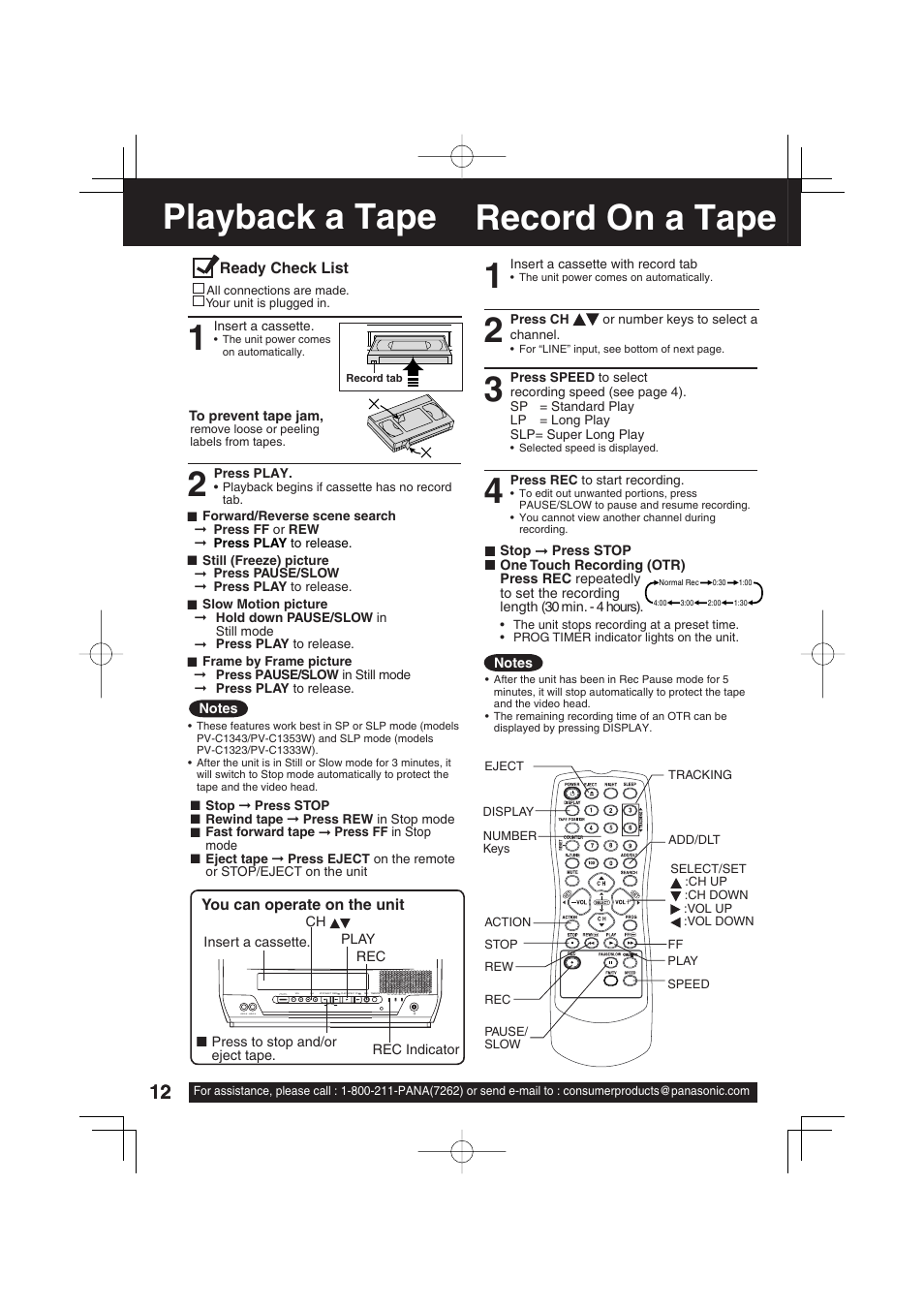 Playback on a tape, Record on a tape, Record on a tape playback a tape 1 | Panasonic PV C1343 User Manual | Page 12 / 40