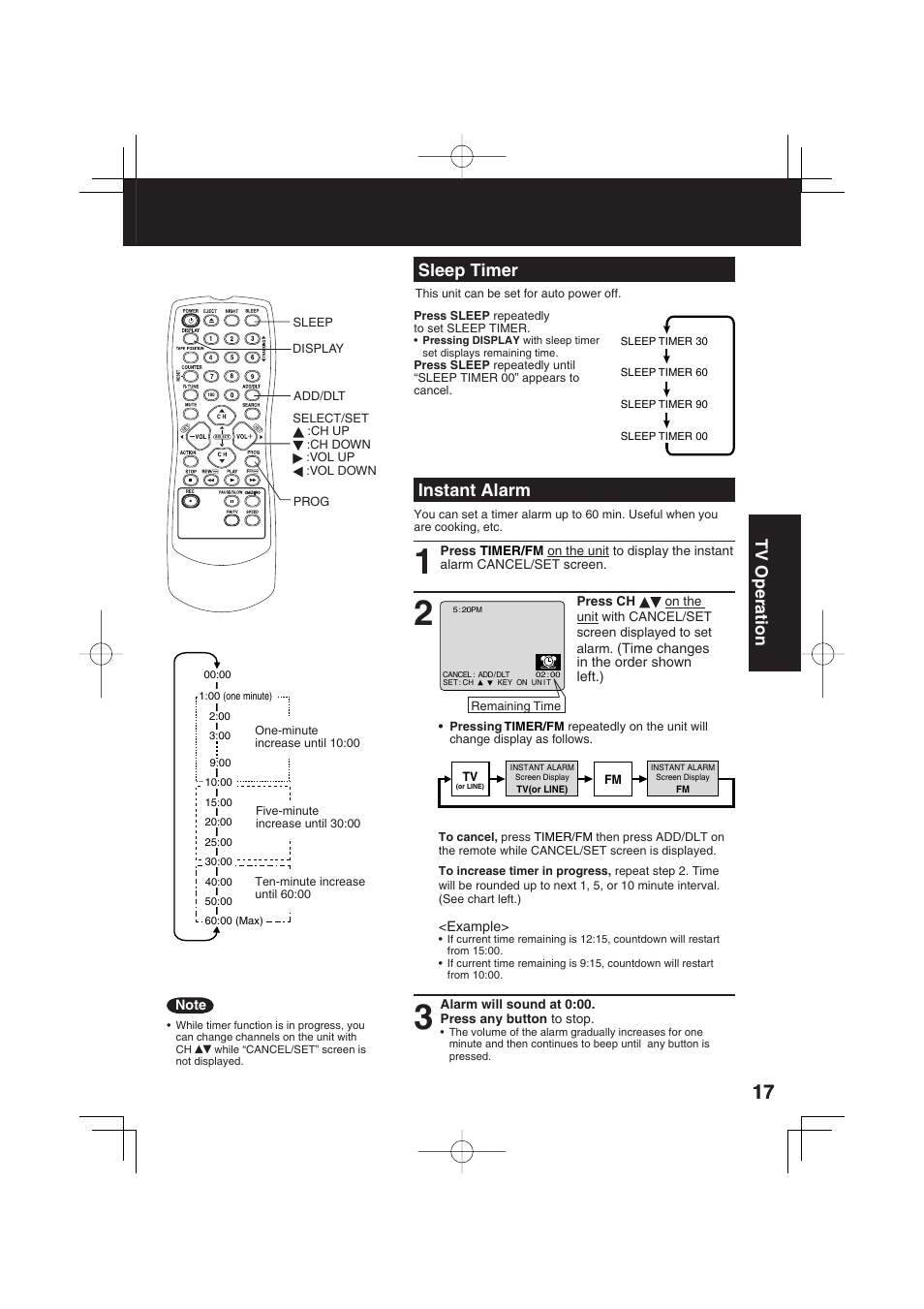 Sleep timer, Instant alarm, Tv operation | Panasonic PV C1343 User Manual | Page 17 / 40