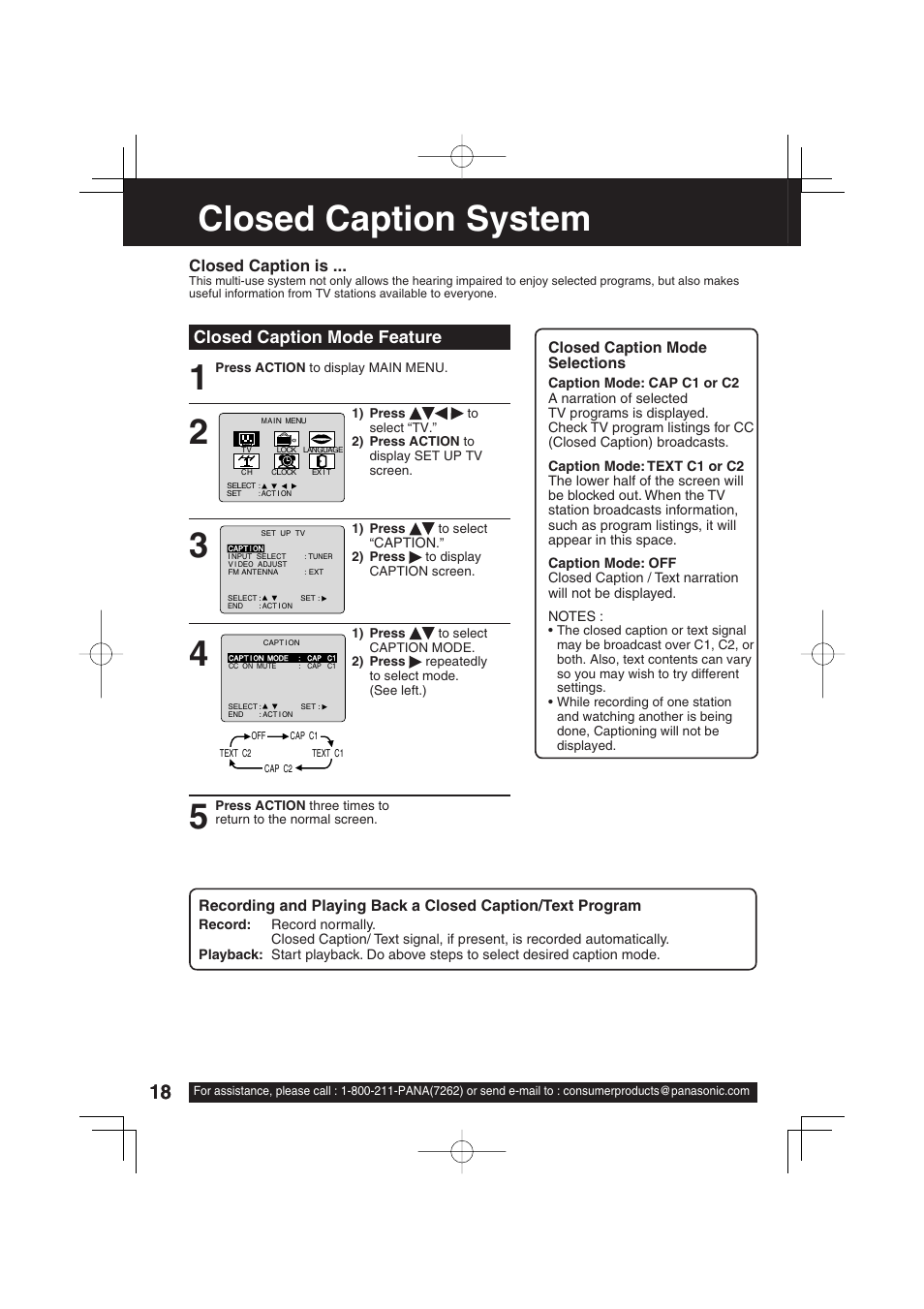 Closed caption system, Closed caption mode feature | Panasonic PV C1343 User Manual | Page 18 / 40