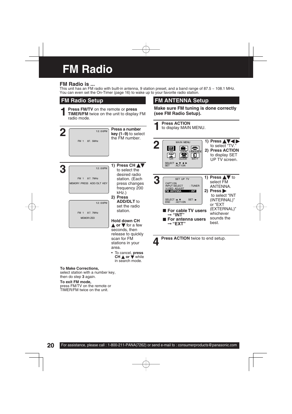Fm radio, Fm radio setup, Fm antenna setup | Panasonic PV C1343 User Manual | Page 20 / 40