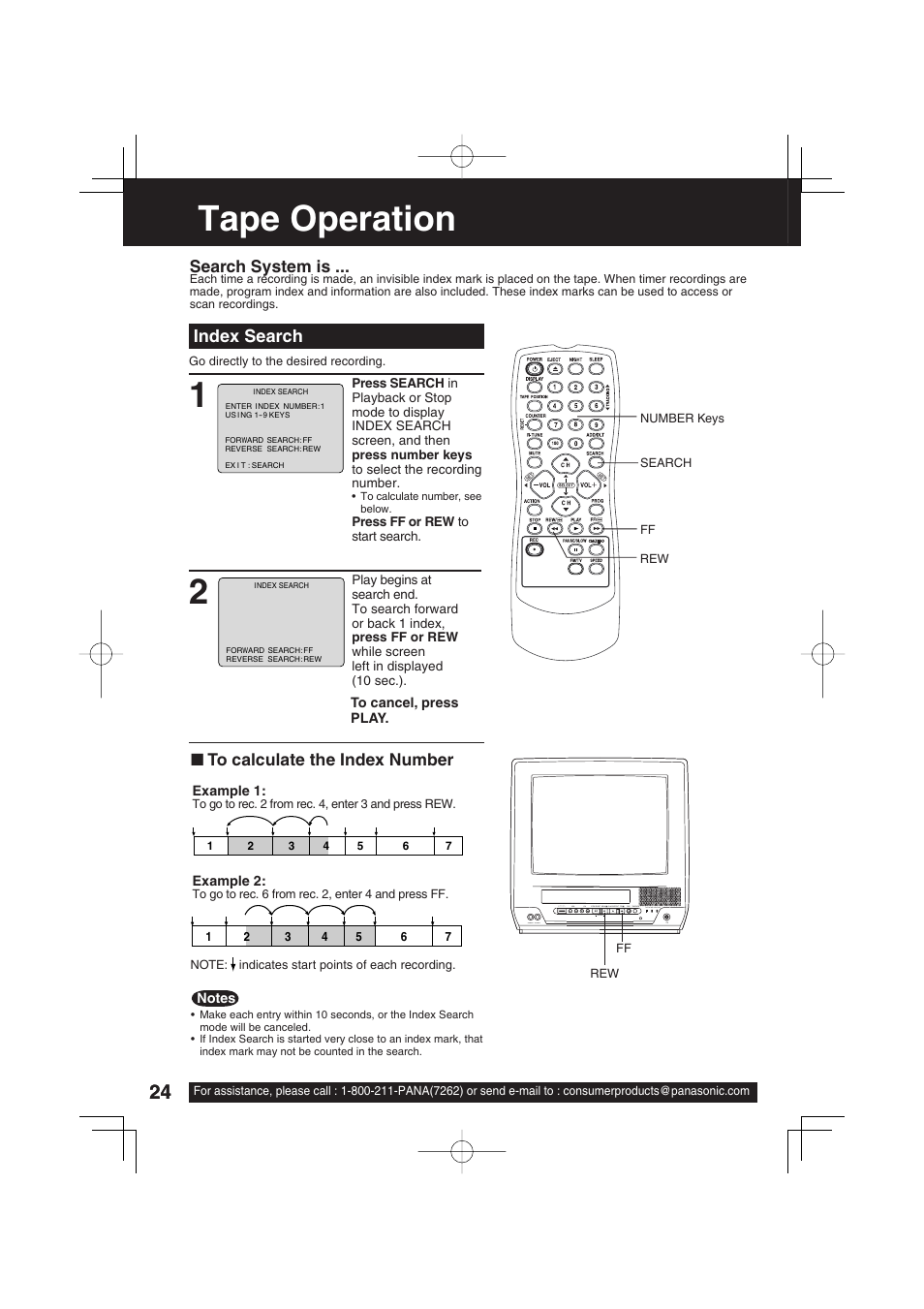 Advanced opertion, Tape operation, Index search | Search system is | Panasonic PV C1343 User Manual | Page 24 / 40