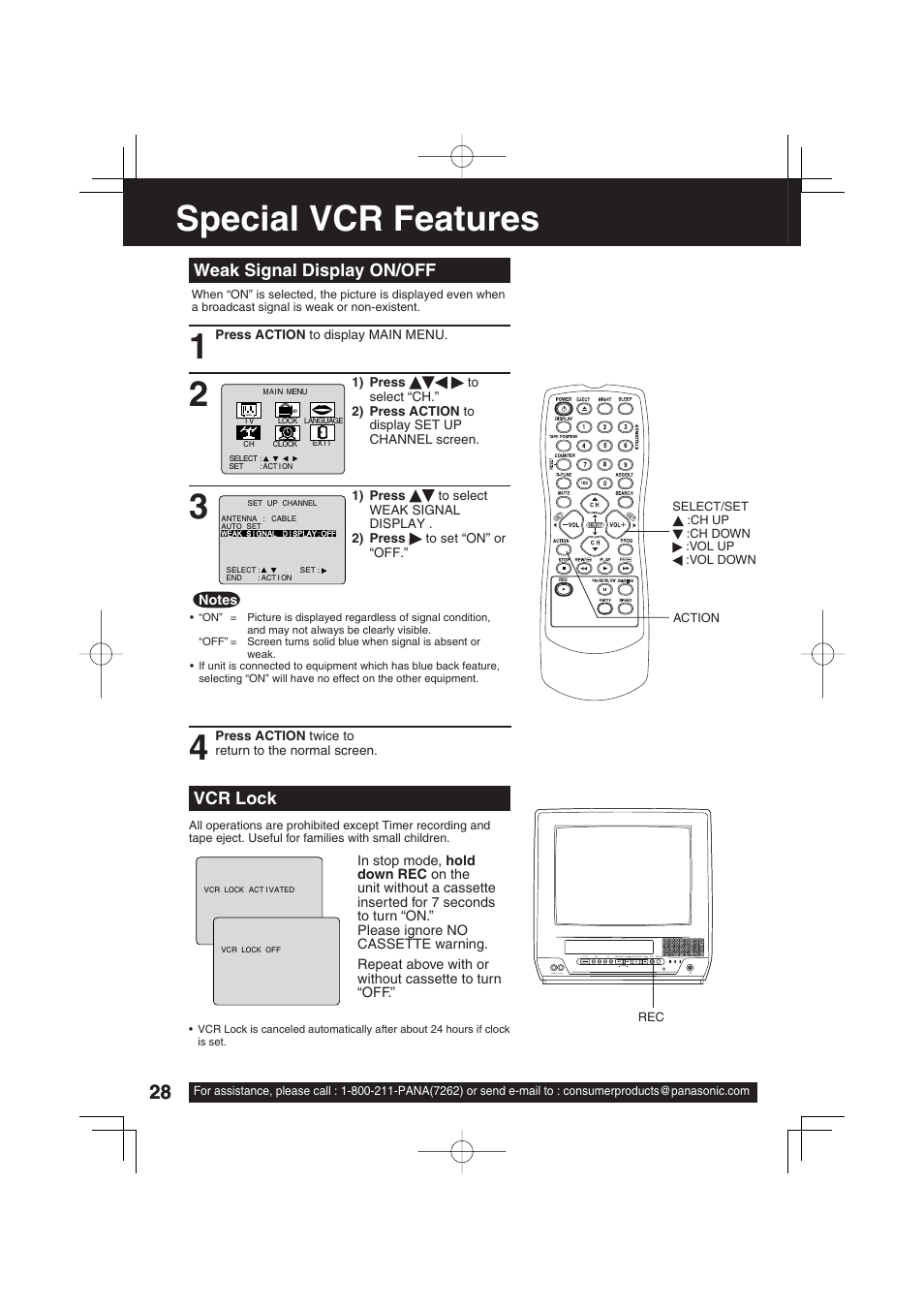 Special vcr features, Weak signal display on/off, Vcr lock | Panasonic PV C1343 User Manual | Page 28 / 40