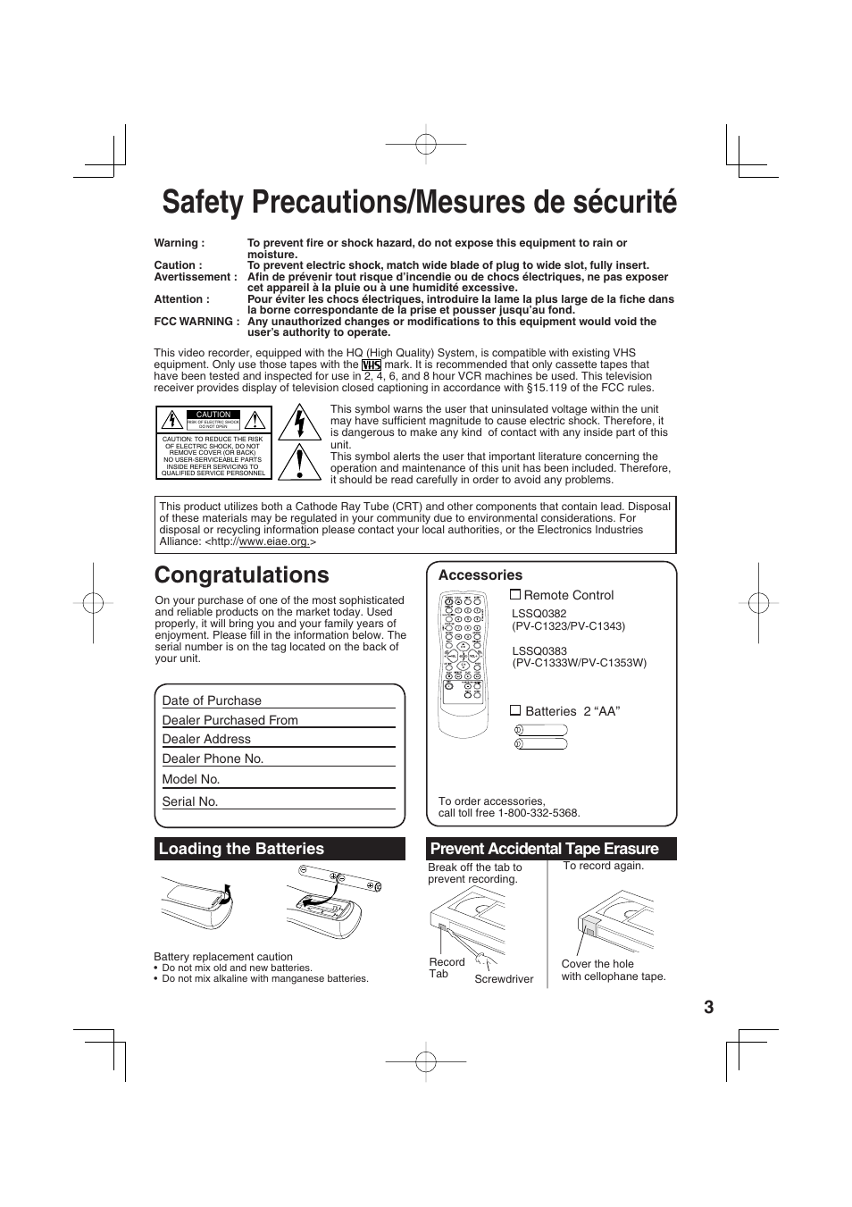Safety precautions/mesures de securite, Safety precautions/mesures de sécurité | Panasonic PV C1343 User Manual | Page 3 / 40