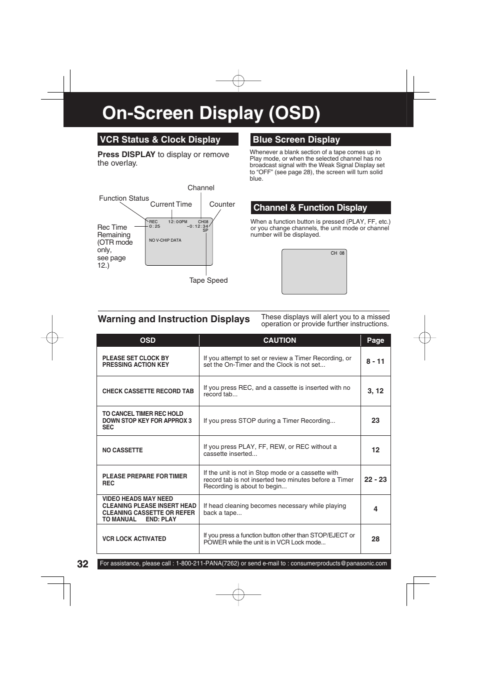 For your information, On-screen display (osd), Warning and instruction displays | Panasonic PV C1343 User Manual | Page 32 / 40