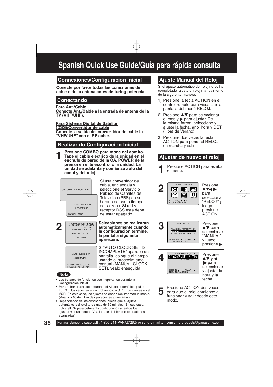 Spanish quick use guide/guia para rapida consulta, Spanish quick use guide/guía para rápida consulta, Ajustar de nuevo el reloj | Ajuste manual del reloj, Connexiones/confi guracion inicial, Conectando realizando confi guracion inicial | Panasonic PV C1343 User Manual | Page 36 / 40