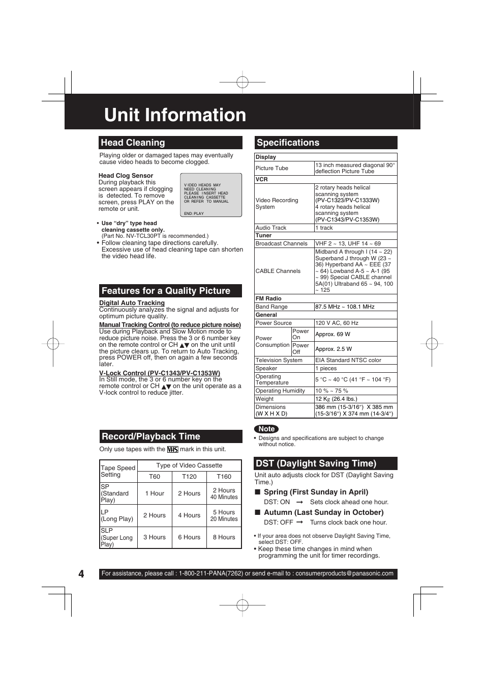 Unit information, Specifi cations, Head cleaning record/playback time | Dst (daylight saving time), Features for a quality picture | Panasonic PV C1343 User Manual | Page 4 / 40