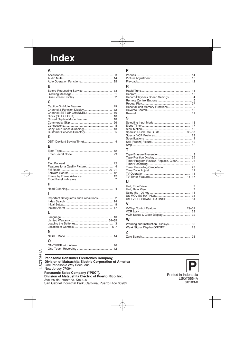 Index | Panasonic PV C1343 User Manual | Page 40 / 40