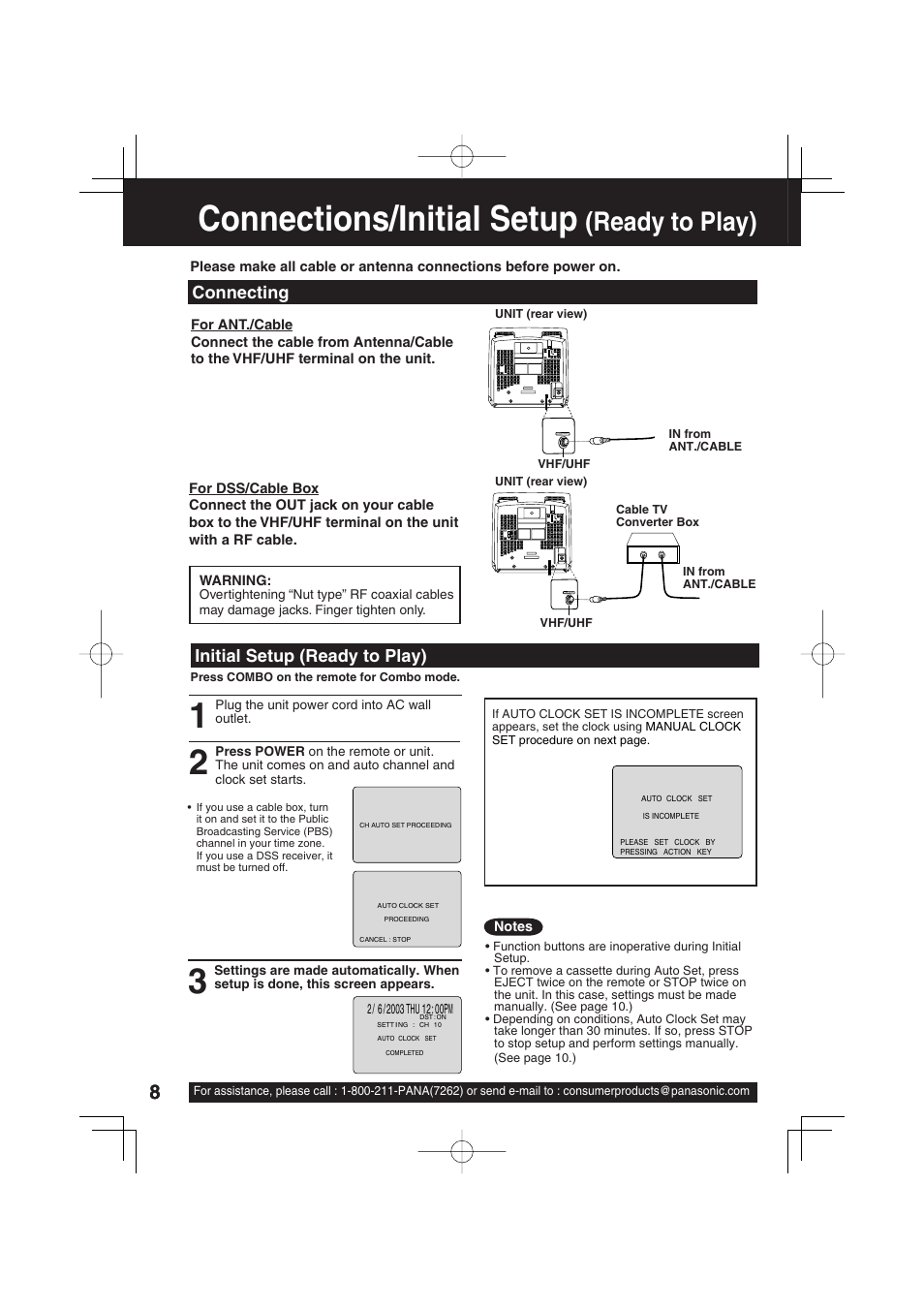 Connections/initial setup (ready to play), Connections/initial setup, Ready to play) | Initial setup (ready to play), Connecting | Panasonic PV C1343 User Manual | Page 8 / 40
