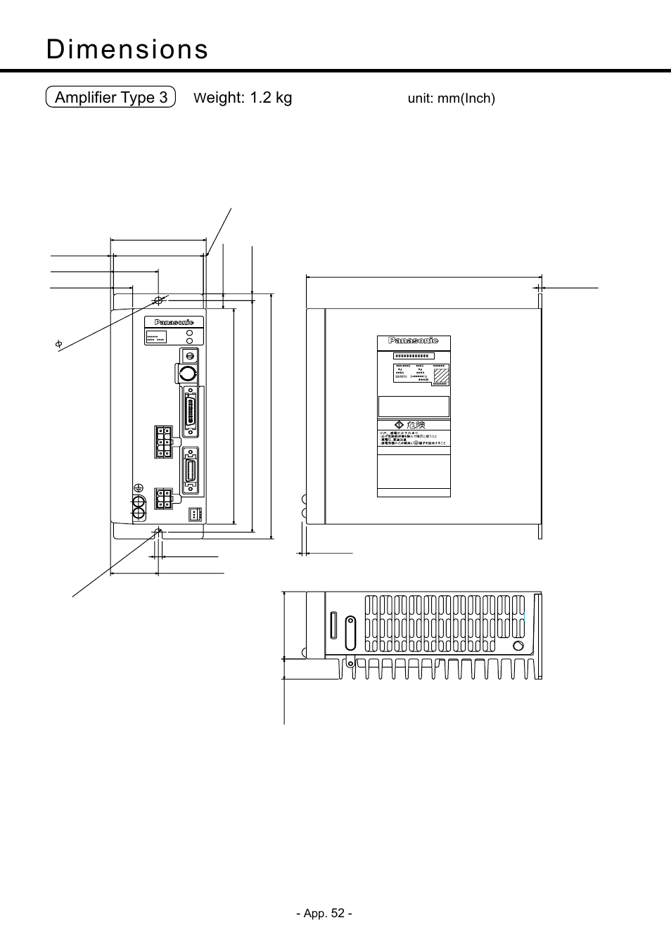 Dimensions, Amplifier type 3, Eight: 1.2 kg | Unit: mm(inch), Back panel mount type, Standard) | Panasonic MDDDT5540 User Manual | Page 126 / 133