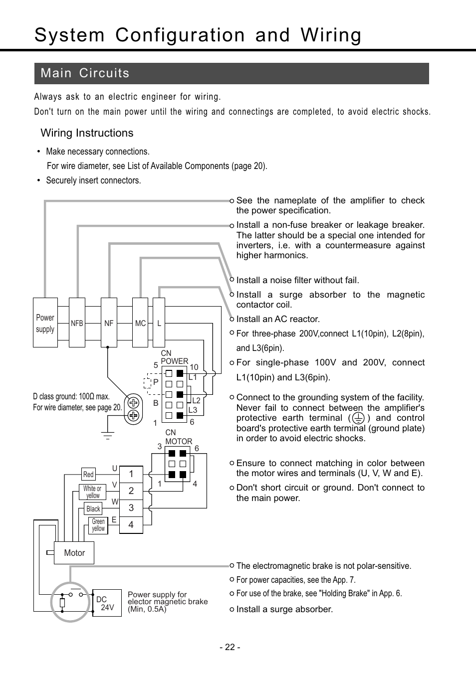Main circuits, Main circuits ••••••••••••••••••••••••••••••• 22, System configuration and wiring | Wiring instructions | Panasonic MDDDT5540 User Manual | Page 22 / 133