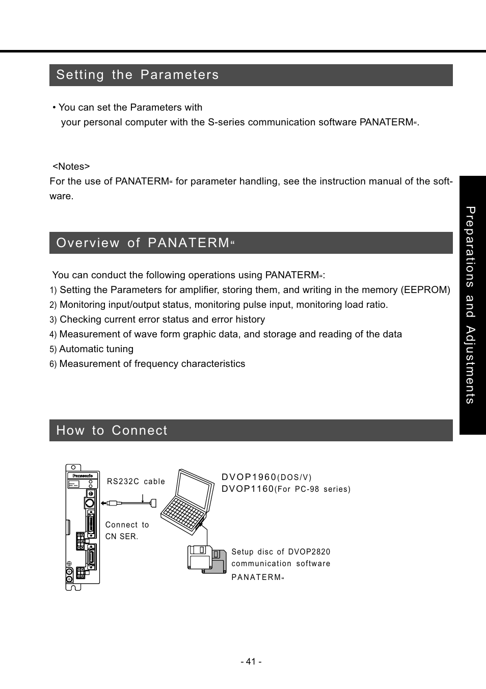 Setting the parameters, Overview of panaterm, How to connect | Setting the parameters ••••••••••••••••••• 41, How to connect •••••••••••••••••••••••••••• 41, Preparations and adjustments, Checking current error status and error history, Automatic tuning, Measurement of frequency characteristics | Panasonic MDDDT5540 User Manual | Page 41 / 133