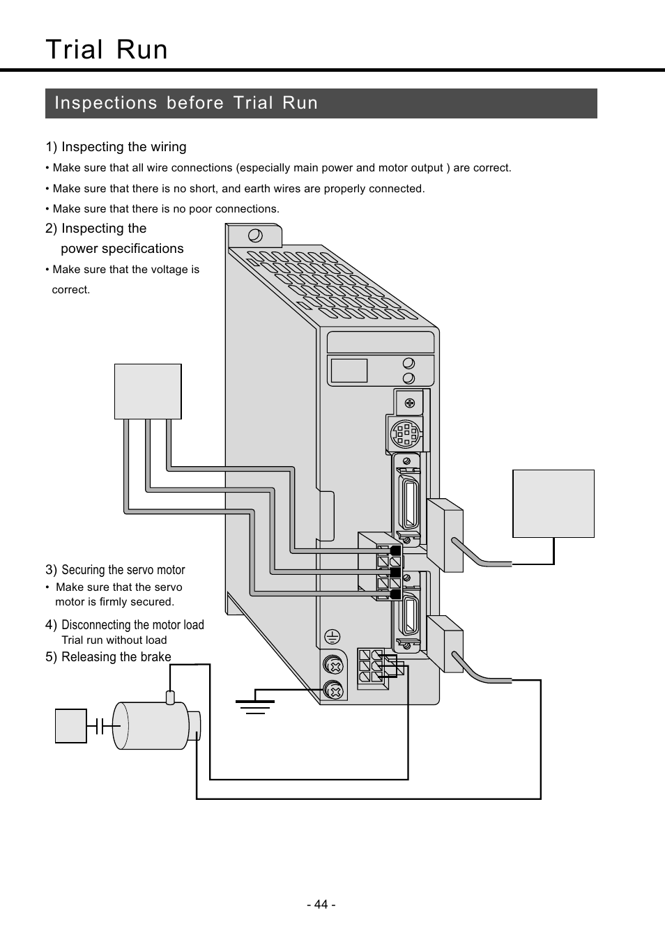 Trial run, Inspections before trial run, Trial run ••••••••••••••••••• 44 | 1) inspecting the wiring, 2) inspecting the power specifications, 3) securing the servo motor, 4) disconnecting the motor load, 5) releasing the brake | Panasonic MDDDT5540 User Manual | Page 44 / 133