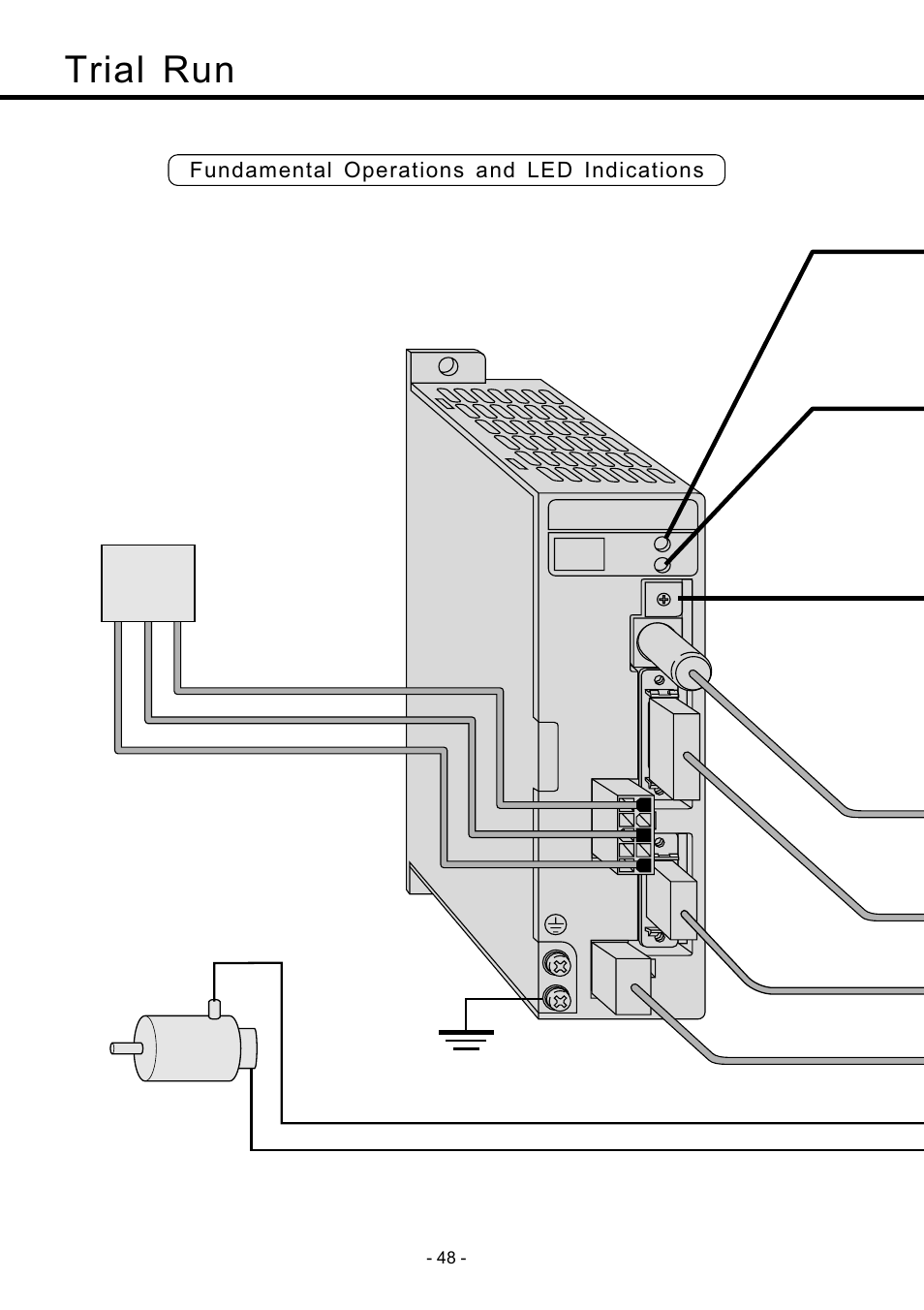 Trial run, Turn on the power, Fundamental operations and led indications | Motor power supply cn power | Panasonic MDDDT5540 User Manual | Page 48 / 133
