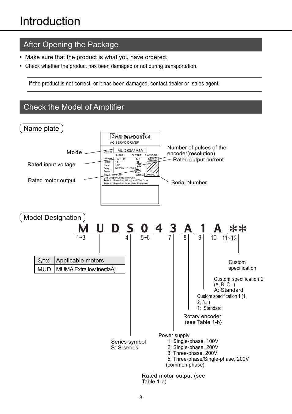 Introductions, After opening the package, Check the model of amplifier | Introduction ••••••••••••• 8, After opening the package •••••••••••••••• 8, Introduction, Name plate model designation | Panasonic MDDDT5540 User Manual | Page 8 / 133