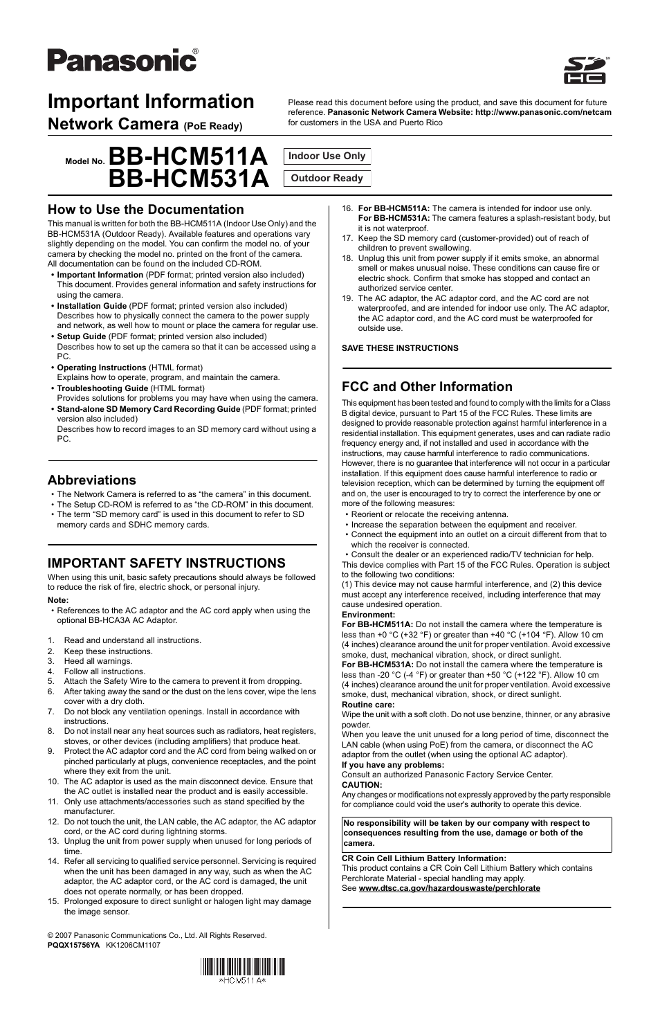 Panasonic BB-HCM511A User Manual | 2 pages