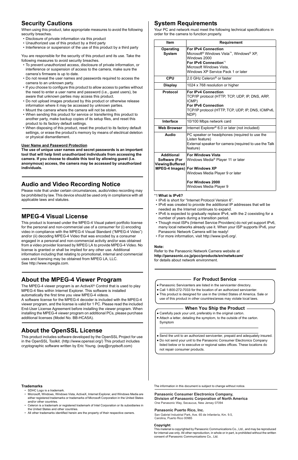 Security cautions, Audio and video recording notice, Mpeg-4 visual license | About the mpeg-4 viewer program, About the openssl license, System requirements | Panasonic BB-HCM511A User Manual | Page 2 / 2
