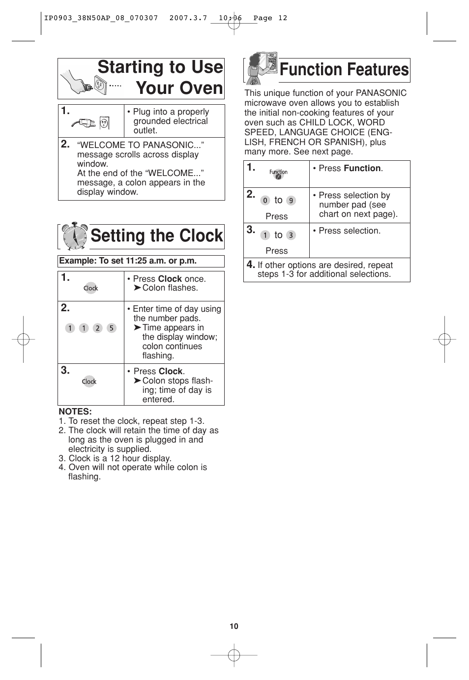 Starting to use your oven, Setting the clock, Function features | Function features starting to use your oven | Panasonic SN977 User Manual | Page 12 / 30