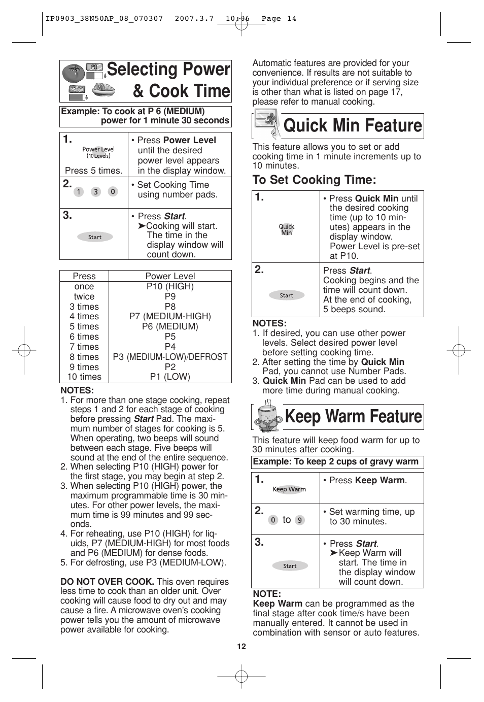 Selecting power & cook time, Quick min feature, Keep warm feature | Panasonic SN977 User Manual | Page 14 / 30