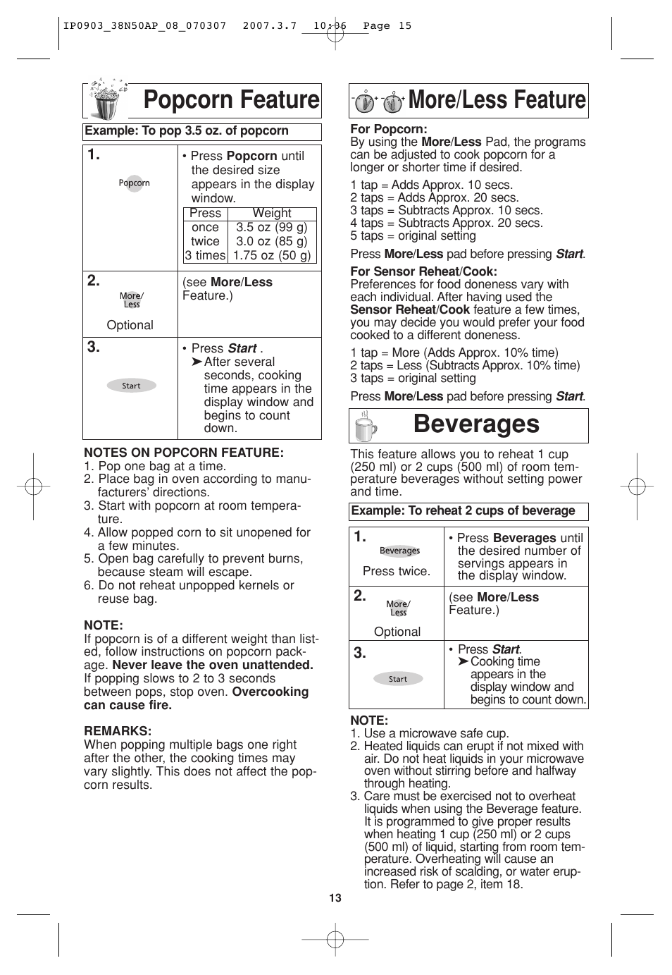 Popcorn feature, More/less feature, Beverages | Popcorn feature more/less feature beverages | Panasonic SN977 User Manual | Page 15 / 30