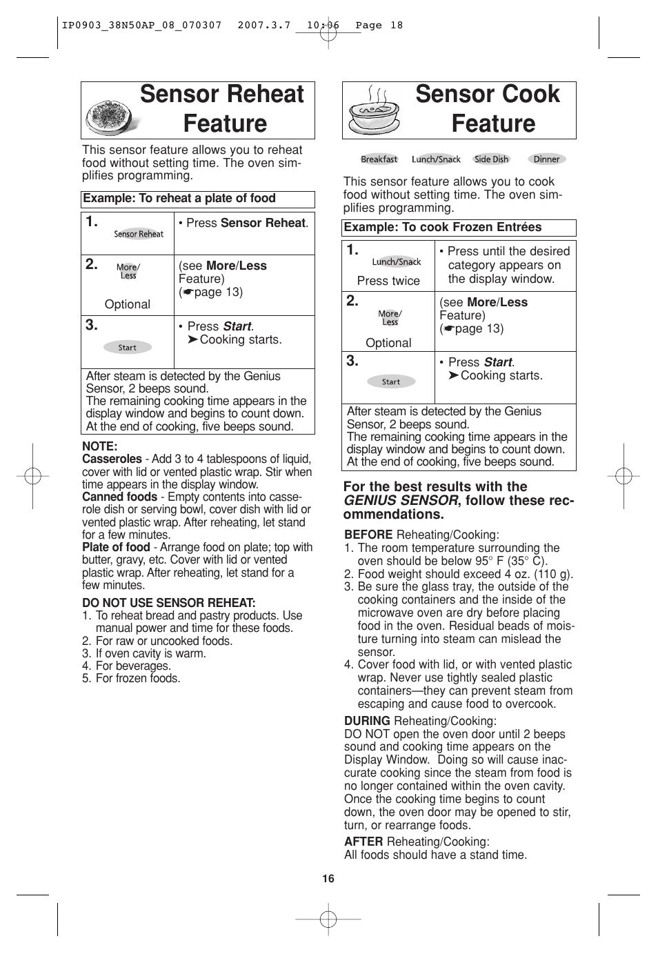 Sensor reheat feature, Sensor cook feature, Sensor reheat feature sensor cook feature | Panasonic SN977 User Manual | Page 18 / 30