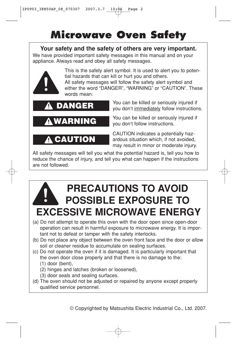 Precautions, Microwave oven safety, Danger warning | Caution | Panasonic SN977 User Manual | Page 2 / 30