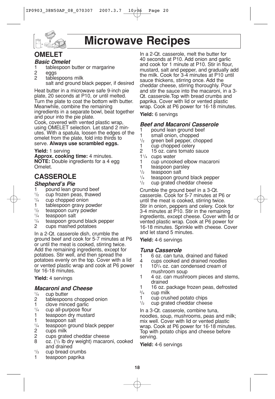 Operation, Microwave recipes, Omelet | Casserole, Basic omelet, Shepherd’s pie, Macaroni and cheese, Beef and macaroni casserole, Tuna casserole | Panasonic SN977 User Manual | Page 20 / 30